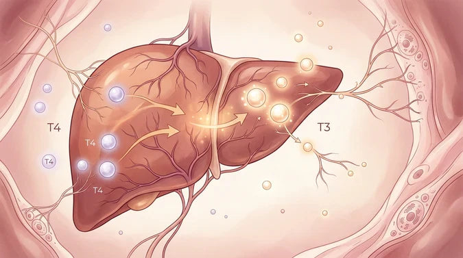 Illustration showing healthy liver conversion from T4 to T3