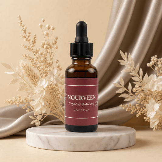 Nourveen liquid thyroid support drops with milk thistle in a 30 ml amber bottle