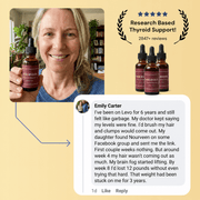 Woman holding Nourveen thyroid support drops beside a customer testimonial and five-star rating