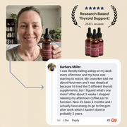 Woman holding Nourveen thyroid support drops with customer review and research-based formula badge