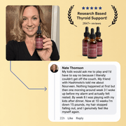 Woman holding a Nourveen liquid thyroid support bottle with a customer review and research badge