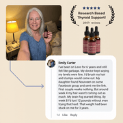 Woman holding Nourveen thyroid support drops with hair loss customer testimonial and research badge