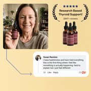 Nourveen thyroid support dropper bottles with a five-star customer review and research badge