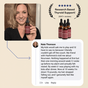 Woman holding Nourveen thyroid support drops with a thyroid recovery customer testimonial