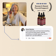 Nourveen thyroid support dropper bottles with a customer testimonial and research-based formula badge