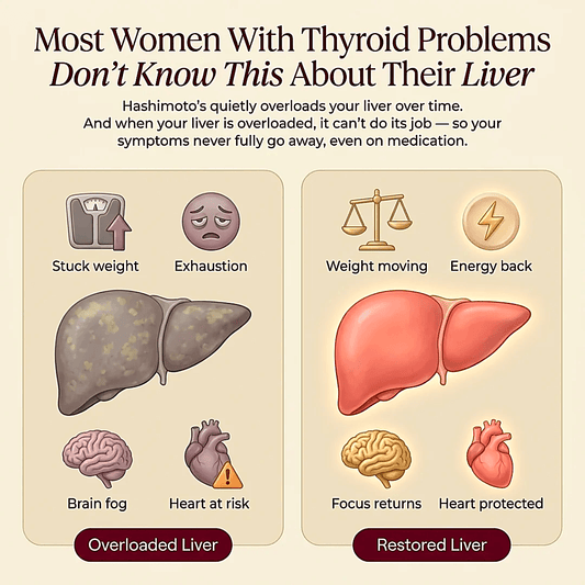 Thyroid and liver infographic showing links to stubborn weight, exhaustion, brain fog and heart health