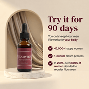 Nourveen Thyroid Balance liquid drops bottle displayed on a marble pedestal with product information