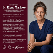 Nourveen founder story graphic featuring Dr. Elena Marlowe and the Thyroid Balance formula