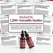 Nourveen thyroid support drops displayed with PubMed research articles and scientific studies badge