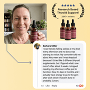 Nourveen thyroid support drops with customer testimonial and research-based formula badge