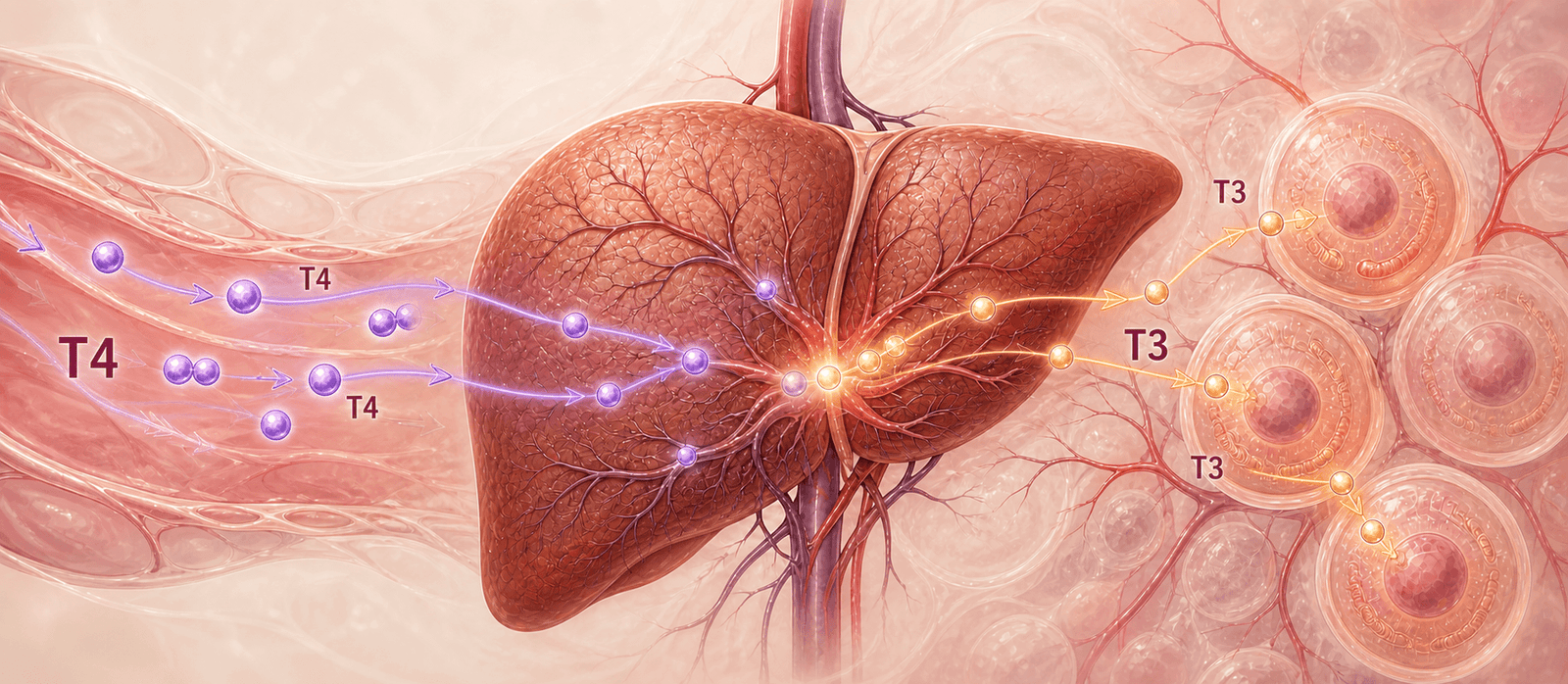 Illustration explaining thyroid hormone conversion and liver support
