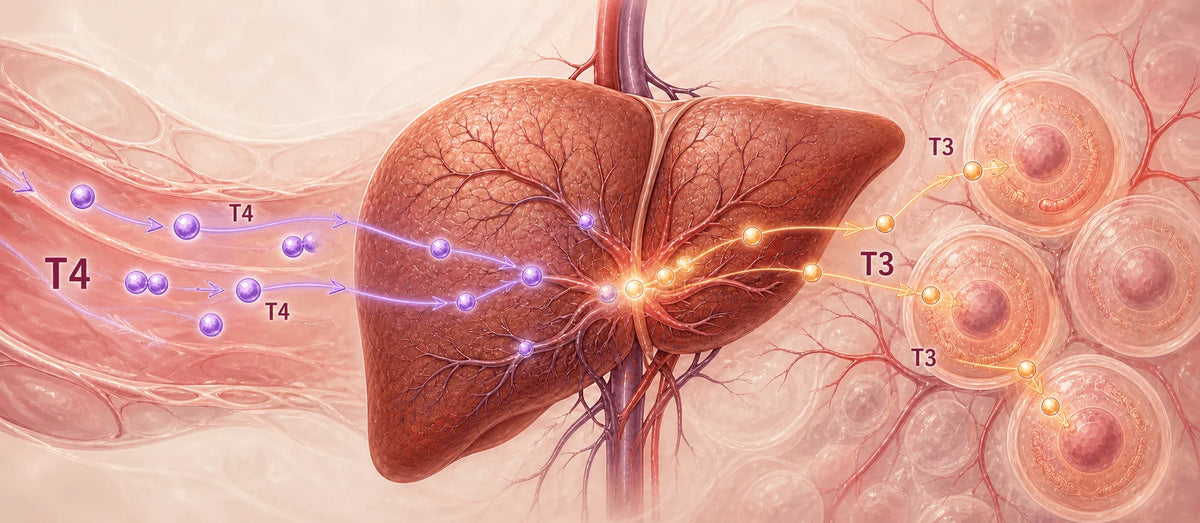 Illustration explaining thyroid hormone conversion and liver support